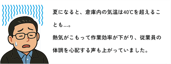 夏になると、倉庫内の気温は40℃を超えることも…。熱気がこもって作業効率が下がり、従業員の体調を心配する声も上がっていました。